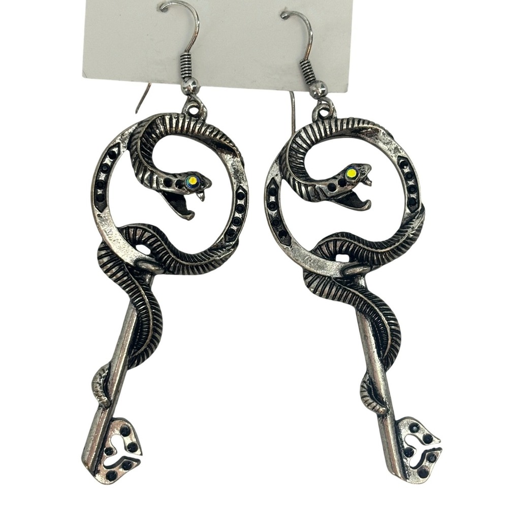 Gothic Snake Key Statement Earrings Silver Tone Crystal Eyes Boho Witchy Goth